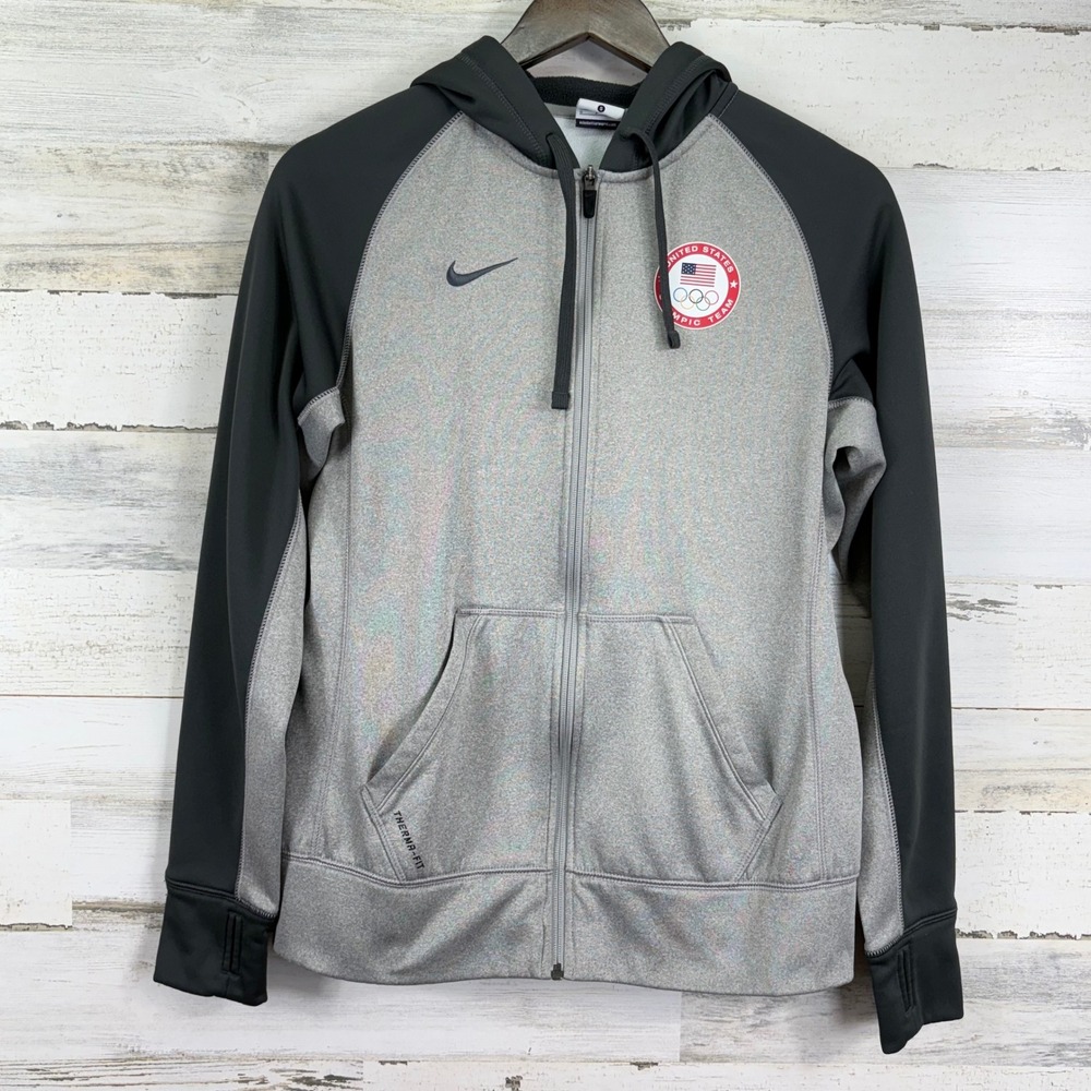 Nike Therma Fit US Olympic Team Full Zip Hoodie Jacket Gray Black Womens Small